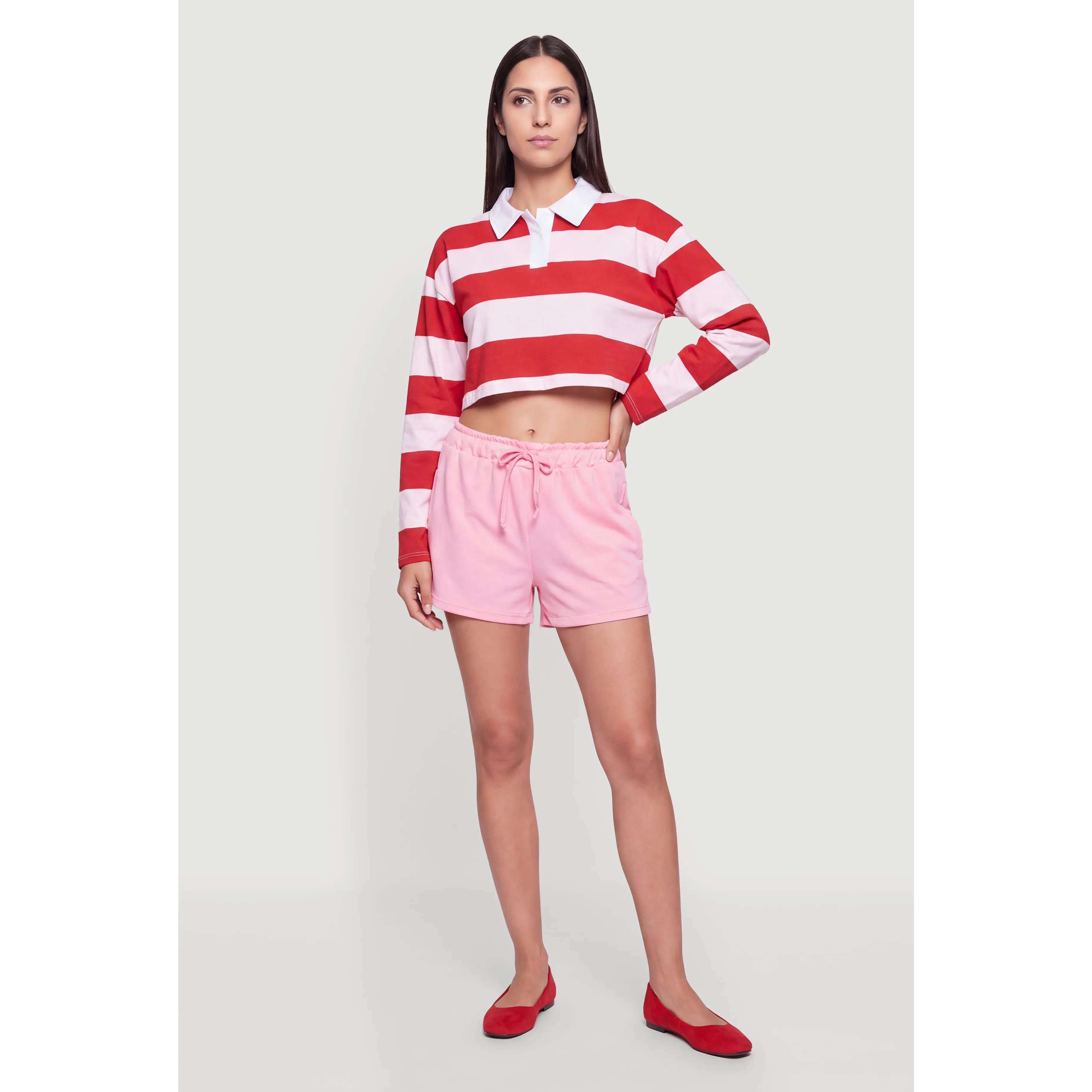 Long Sleeve Striped Rugby Polo Crop Top