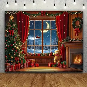 Cozy Polyester Winter Wonderland Window Wall Hanging Backdrop with Red Curtains, Christmas Tree, Ornaments & Detailed Winter Print – Festive Party Decor Banners for Holiday Photo Shoots, Birthday Events