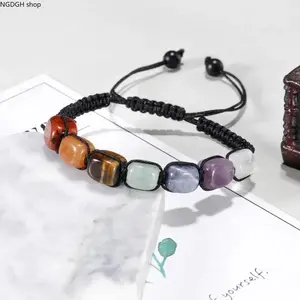 Natural Chakra Beaded Bracelet, Black Braided Cord with 7 Tumbled Crystals, Adjustable & Boho-Style, Lightweight Stackable Accessory for Casual Outfits & Festival Looks