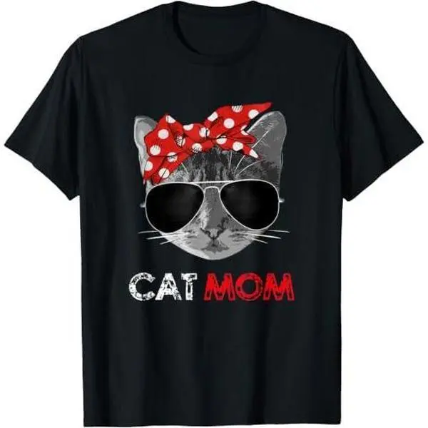 Women's Cat Mom Printed Short-Sleeve Round Neck Casual T-Shirt, Polka Dot Bow Sunglasses Graphic Tops for Kitty Lovers, Cat-Themed Clothes
