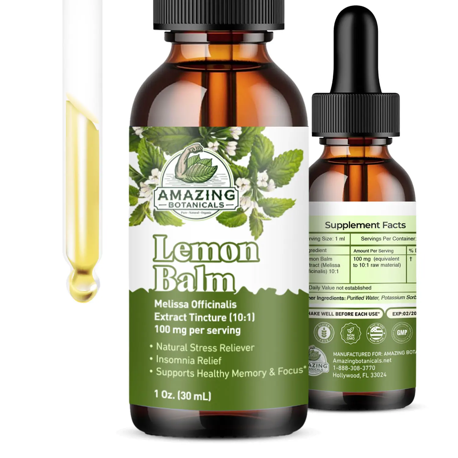 Amazing Botanicals Lemon Balm Liquid Extract Tincture Tea - Alcohol-Free Edible Herbal Dietary Supplement Drops, Non-GMO Supplement for Relaxation & Cognitive Support, Natural Wellness Boost