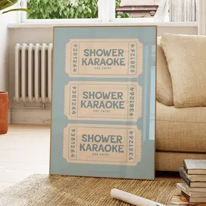 Shower Karaoke Ticket Poster, Bathroom Decor Blue Cream Aesthetic, Shower Singing Poster, Retro Preppy Bathroom Art, Coastal Beachy Wall Art