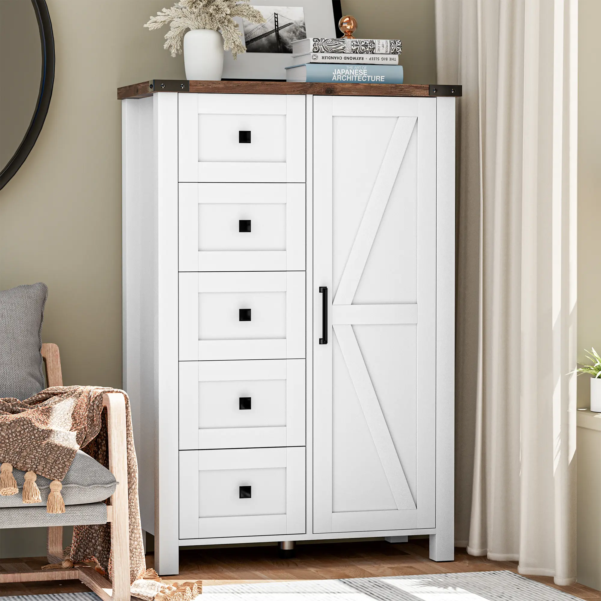 Farmhouse Dresser Storage Cabinet Chest of Drawer for Bedroom, 5 Drawer  Dresser with Barn Door, 48 Inch Tall White Wood Dresser, Adjustable  Shelves, Rustic, for Living Room, Entryway, Hallway - TikTok Shop