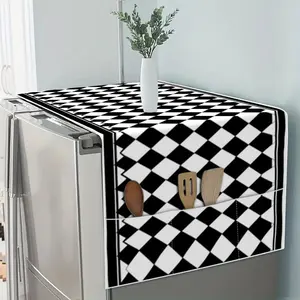 1 piece of four-season universal refrigerator cover with black and white rhombus digital printing pattern. The refrigerator cover with storage bag is suitable for solving storage problems, and is suitable for refrigerators and washing machines.