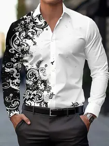 Men's fashion printed shirt, spring and autumn casual breathable lapel button long sleeved shirt