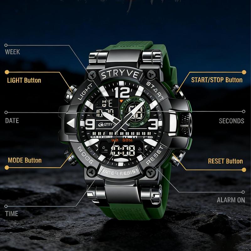 Men's Colorful Punk Style Quartz Watch  Multi-Functional Water Resistant Dual Display Wristwatch Trendy Fashion Sport Watch, Birthday Gift with Tin Box