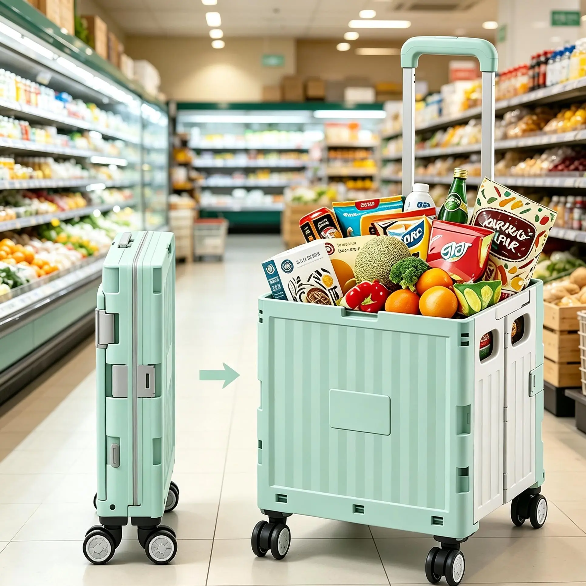 Foldable Hand Trolley with Stair Climbing Wheels, Multifunctional Rolling Pet Travel Cart, Heavy Duty Portable Storage Crate, Retractable Handle, Breathable Side Window, for Cat Dog Transport, Grocery Shopping & Outdoor Camping