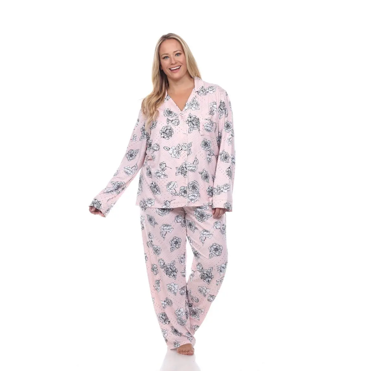 212 MAIN Women's Plus Size Polyester Blend Floral Pajama Set - Pink, 3X, Long-Sleeve Top & Pants, Loungewear, Style PS13686-23-3X, Matching Sleepwear