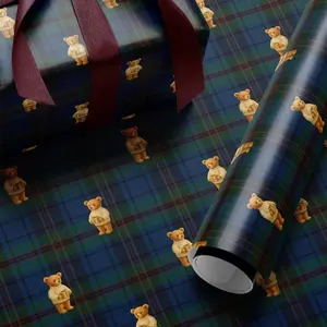 Teddy Bear Plaid Wrapping Paper, Classic Blue Green Tartan Winter Lodge Bear Christmas Gift Wrap, Premium Seasonal Gift Wrap