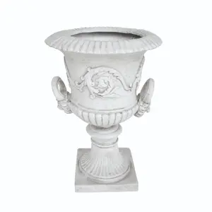 Antique White Square Urn Planter Magnesium Oxide Handmade Faux Stone Decorative Planter with Drainage for Indoor Outdoor Garden Patio 18.75 x 18.75 x 28.25 Inches Roman Style