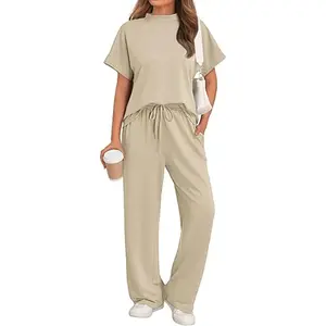 New Round Neck Loose Solid Color Pullover T-shirt Drawstring Wide-leg Trousers Two-piece Set Women's Outdoor Sports Comfort Suit