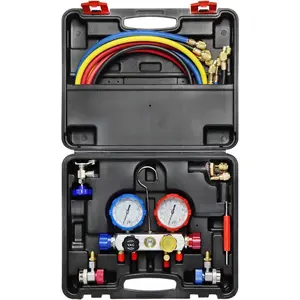 4 Way AC Manifold Gauge Set, HVAC Diagnostic Refrigerant Charging Tool for Auto R404A R134A R410A, with 5FT Hose, Quick Coupler, Can Tap, R410A