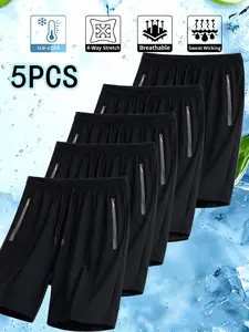Pack of 5 summer men’s sports casual shorts, breathable quick-dry athletic shorts with zippered pockets, drawstring waist, elastic waistband, suitable for running, outdoor activities, and gym workouts.
