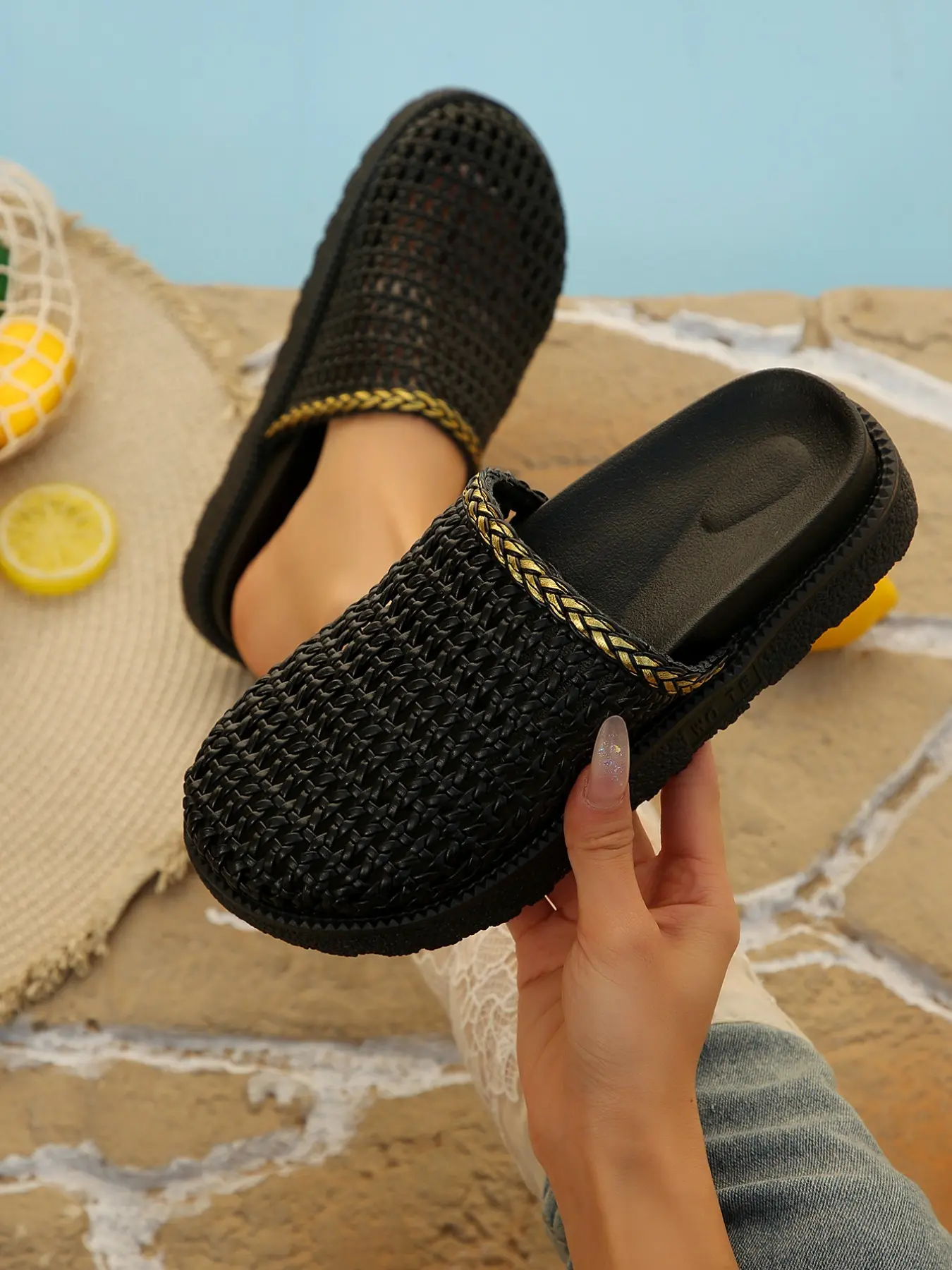 Women's Woven Hollow Out Thick Sole Round Toe Flat Bohemian Style Casual Summer Beach Vacation Slip-On Sandals Thick Sole PU Leather Mules