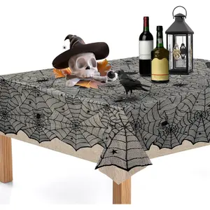 54 x 72 Inch Spider Web Lace Tablecloth Black Cobweb Design Polyester Table Cover for Halloween Dinner Haunted House Themed Party Supplies