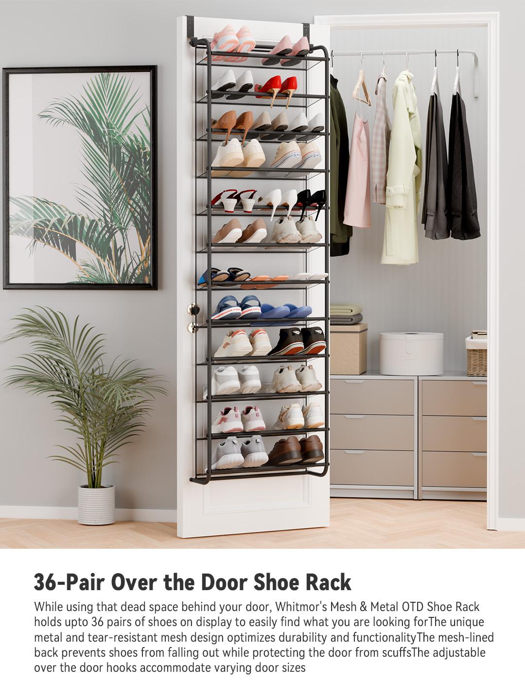 Whitmor 36 Pair Over The Door Shoe Organizer, 12 Tier Hanging Shoe Organizer, Heavy Duty Metal & Mesh Shoe Holder, Hanging Shoe Rack for Closet Organizer & Storage, 74" L x 21.7" W x 7.5" H,,dorm essentials,home decor