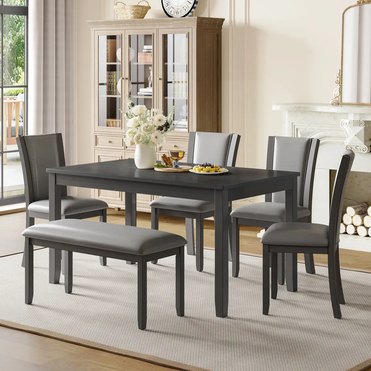 6-Piece Dining Table Set with Bench and Chairs, Wooden Dining Table Set for 6, Modern 6 Person Dining Table Set for Dining Room, Kitchen, Grey