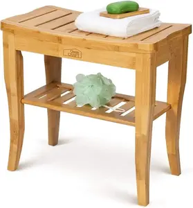 Waterproof Bamboo Shower Bench with Shelf