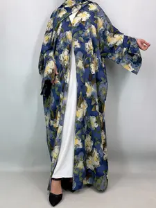 [Includes Hijab] Women's Art Print Batwing Sleeve Long Robe Set with Headscarf, Loose-Fitting Vacation Style Cardigan with Pockets, Fall & Winter Fashion Open Front Abaya