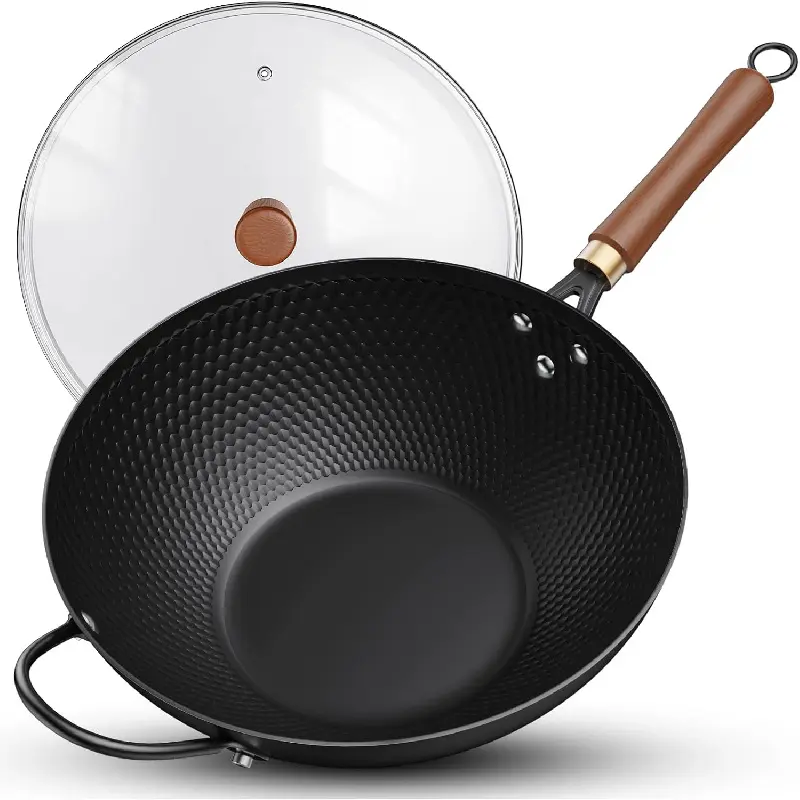 13-Inch Nonstick Carbon Steel Wok Cookware with Glass Cover, Multi-Use Pan for Home Cooking, Compatible with Induction, Electric, Gas, Halogen Stoves