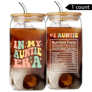 Portable 16oz Glass Cup with Straw & Brush, 1 Count Letter Pattern Coffee Cup, Drinking Cup for Home Office Use, Gift for Aunt, Birthday Gift, Tumbler Serving, Mom Tumbler, Kitchenware