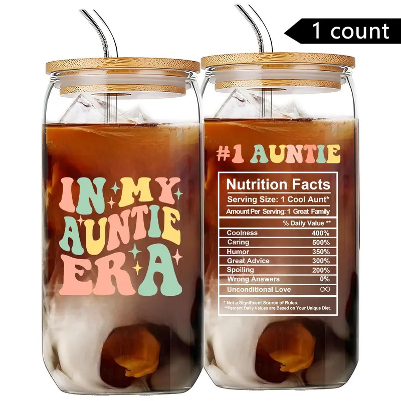 Portable 16oz Glass Cup with Straw & Brush, 1 Count Letter Pattern Coffee Cup, Drinking Cup for Home Office Use, Gift for Aunt, Birthday Gift, Tumbler Serving, Mom Tumbler, Kitchenware, Drinkware