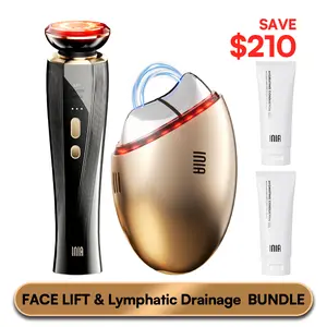 INIA GLACE & FLARE Bundle – All-in-1 Face & Neck Sculpting Beauty Device for Lymphatic Drainage with Microcurrent Lifting, Lift, Tighten, De-Puff, Serum Infusion, Red & Blue Light, Thermal & Cryo Therapy, Buy 1 Get 4, Ideal Gift Set