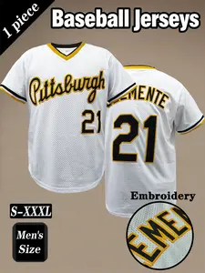 Men's # 21 Retro Baseball Shirt,Pittsburgh letter embroidery design, daily casual short sleeved V-neck comfortable breathable baseball jacket pullover T-shirt suitable for outdoor sports and games, street fashion hip-hop outfit for both men and wo