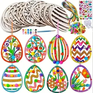 24pcs Wooden Easter Ornaments Decorations DIY Craft Kits Paintable Unfinished Easter Egg Ornaments For Kids Easter Spring Wooden Decorative Ornaments