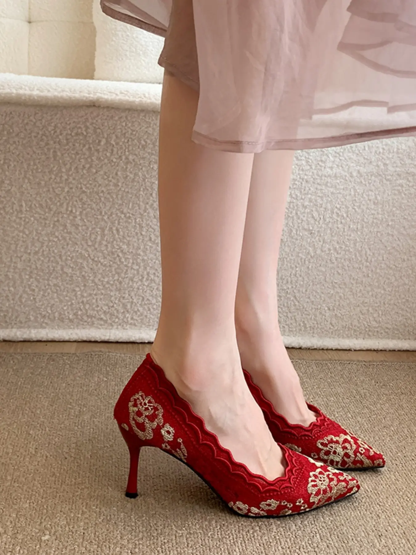 Elegant Lace Floral Embroidered High Heels, Pointed Toe Stiletto Shoes, Women's Traditional Wedding Shoes, Spring & Fall Fashion