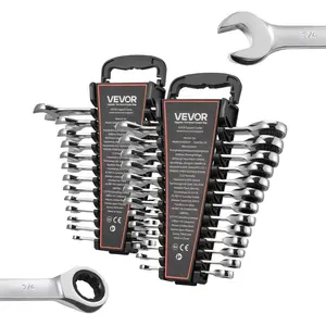 VEVOR Combination Wrench Set, 26-Piece SAE and Metric, 72 Teeth, Cr-V Steel Ratcheting Wrench Set, with Rack Organizer, Open End, Clear Size Labels, for General Household, Automotive Repairs, Silver