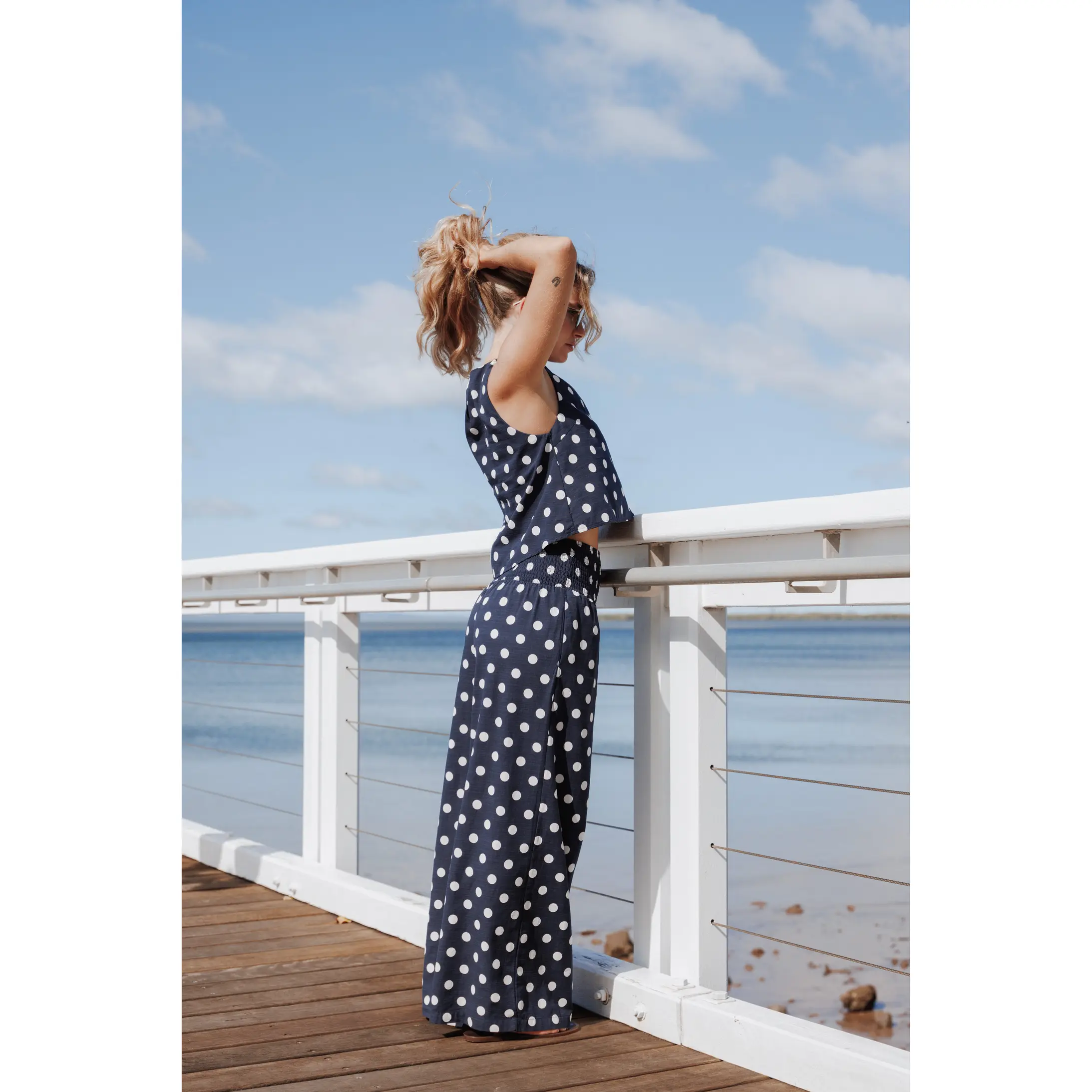 Jillian Smocked Pant Set - Navy Polka Dot