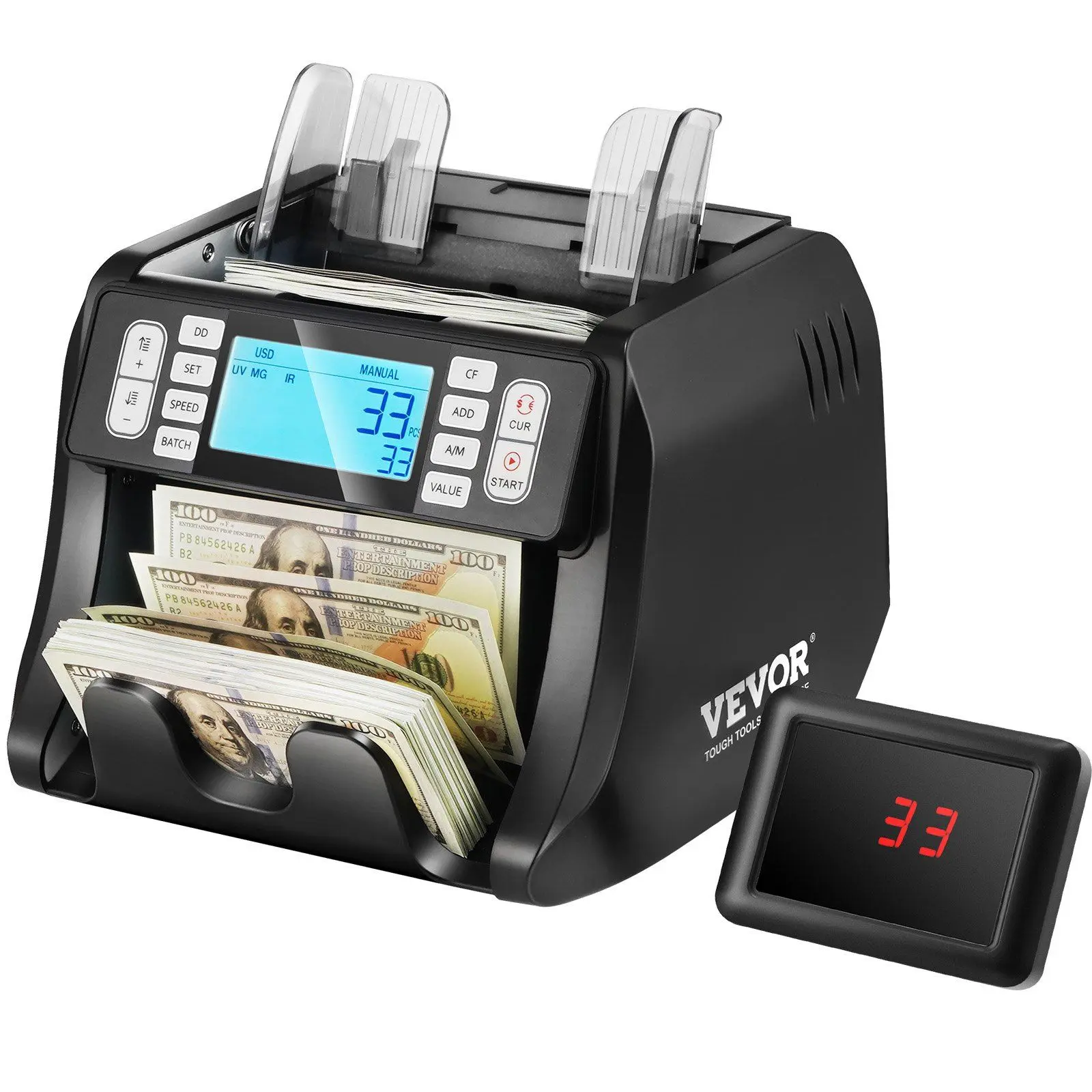 VEVOR Bill Money Counter Machine with Counterfeit Detector - UV, MG, IR & DD, 500 Pieces Hopper, 1200 Bills/Minute, Auto/Manual Counting, Adding & Batch Modes, Large LCD & External Display for Restaurants & Gas Stations (USD & EUR Compatible), Bars