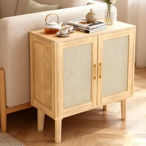 Buffet Cabinet with Rattan Decor Doors Solid Wood Feet Multifunctional Sideboard for Dining Room Kitchen Spacious Storage Solution Easy Assembly