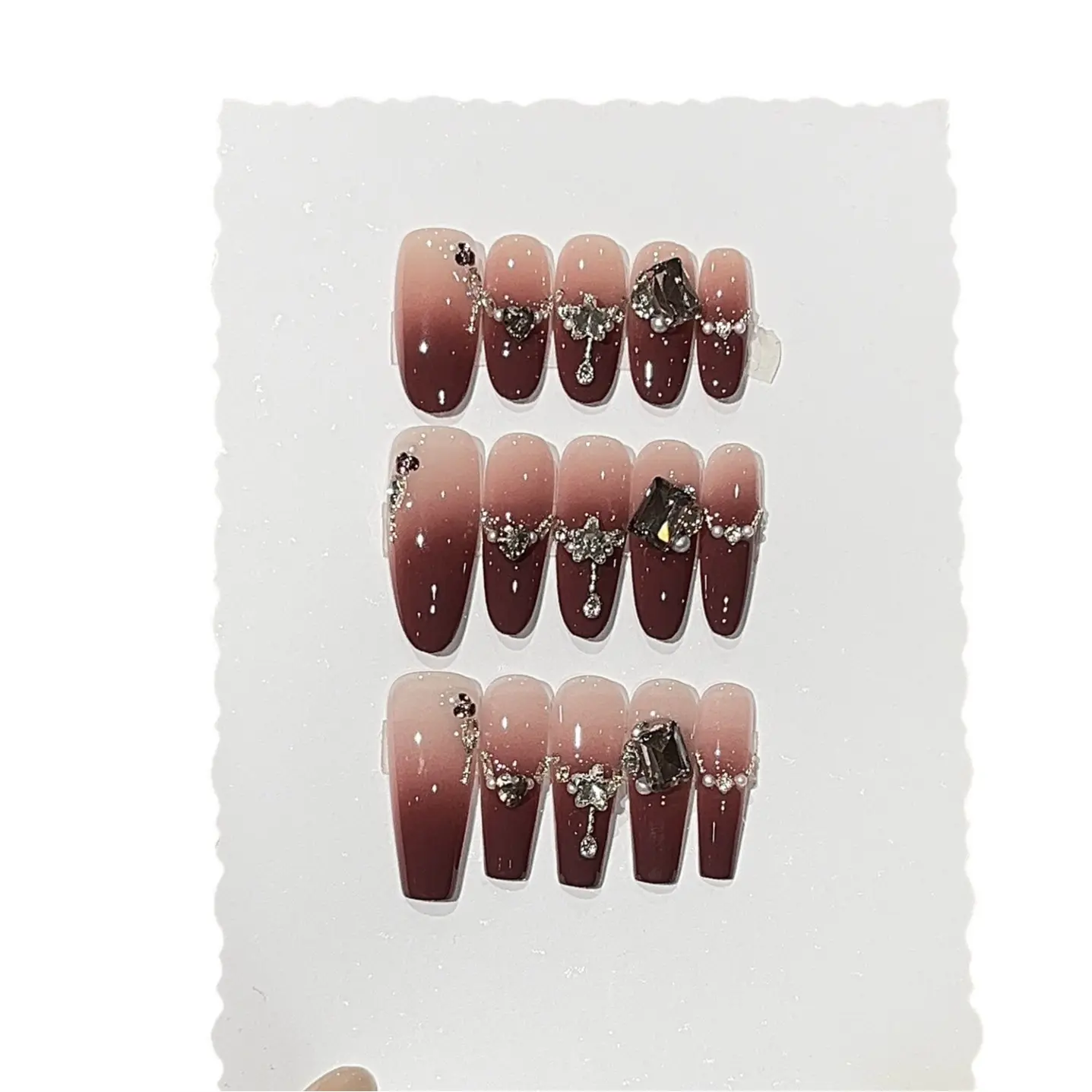 Reusable Press-On False Nail Set - Premium Berry-Red Gradient Halo Glossy Acrylic Tips, Accented with Sparkling Burgundy K9 Cubic Zirconia Chains