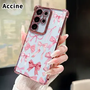 Phone Case Compatible with Samsung Galaxy S26 Ultra S24 Plus S25 S22+ FE Edge Pink Bow Symphony Pattern Four Corners Air Cushion Anti-drop Premium Plated Cover Casing Clear Protective