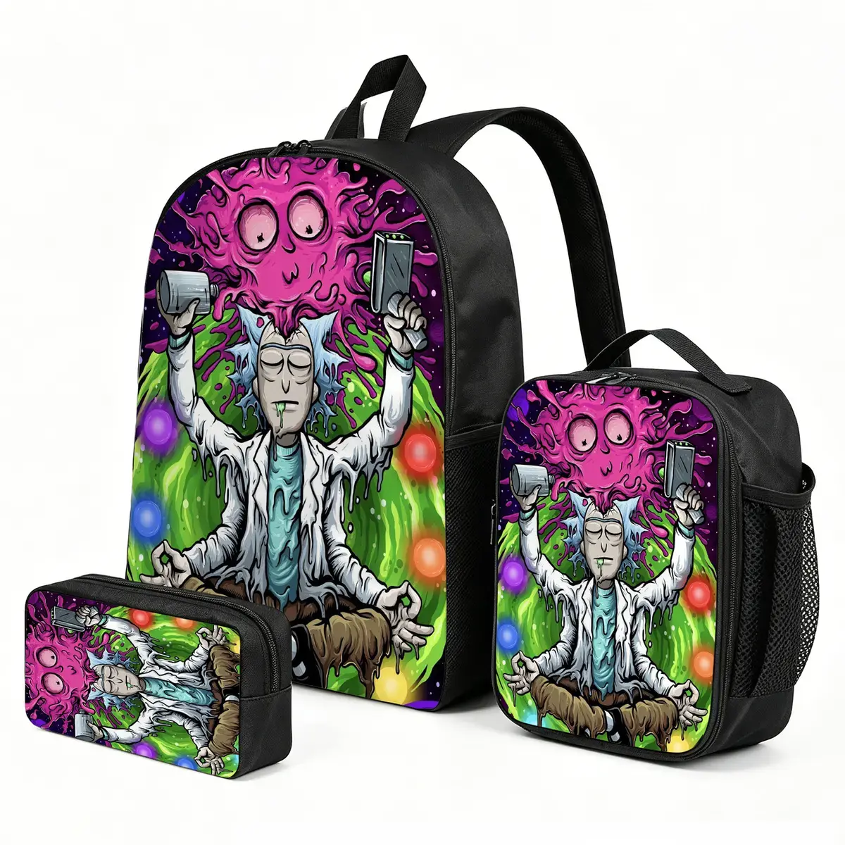 Rick-and-Morty Backpack with Lunch Box and Pencil Case | School Bag Set | 3-Piece Back to School Supplies for Boys & Kids