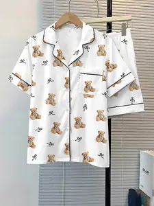 Women's Sleepwear 2-Piece Set, Bow Bear Pattern, Comfortable Night Home Wear, Fashion Soft Fabric, Casual Daily Use, Sleepwear Loungewear