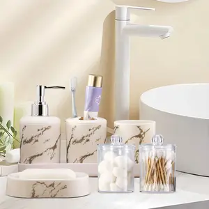 7 Pcs Marble Bathroom Soap Dispenser Set - Empty Refillable Lotion Dispensing Pump Bottle, Toothbrush Holder, Cotton Swab Box,Vanity Tray,Soapbox- Everything Shower Products, Gift For Bathrooms Décor Set (White/Black)