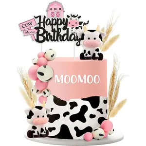 Cow cake topper farm cake decorations with miniature cow figurines wheats for farmhouse theme baby shower birthday party supplies23 pcslovely style
