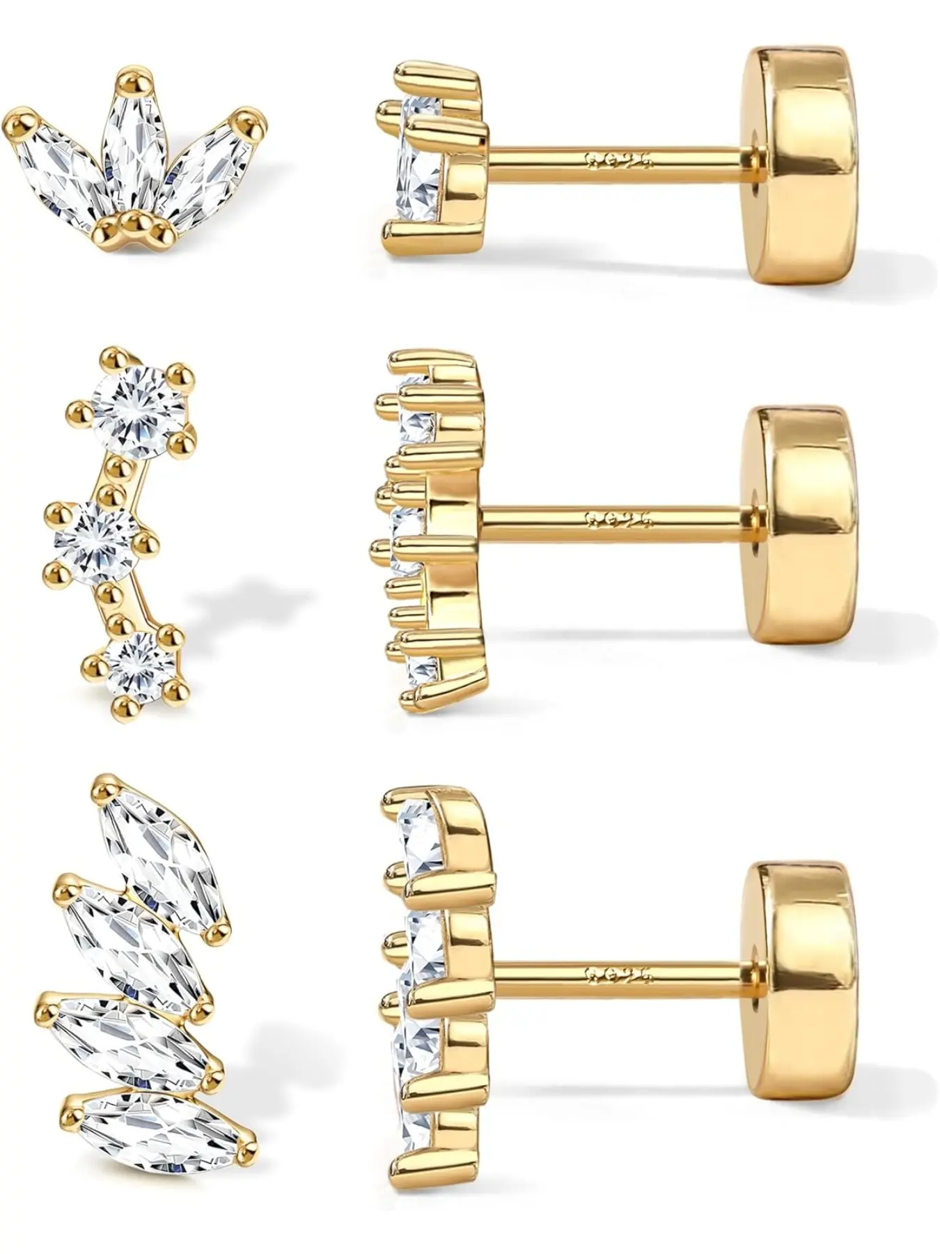Sterling Silver Flat Back Earrings for Women Hypoallergenic 14K Gold Plated Flatback Stud Earrings Trendy Cartilage Helix Conch Tragus Piercing Jewelry 3 Pairs Dainty CZ Opal Earring Set
