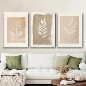 3-Piece Set Exquisite Wrapped Wooden Frame Decorative Art, Beige Plant Line Art Neutral Wall Art Poster Set Suitable for Home Art Decoration, Wall Painting, Bedroom, Living Room, and Wall Art, Perfect Gift for Halloween and Mother's Day Hanging Print