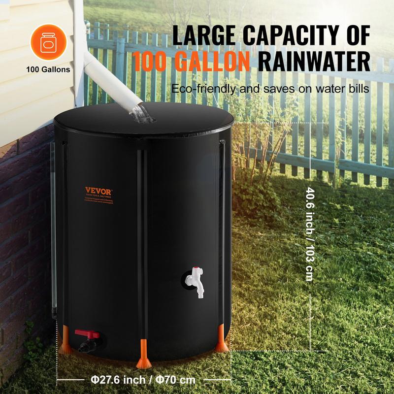 VEVOR Collapsible Rain Barrel -  Upgraded Visible Water Level, 53/66/100 Gal Portable Rain Water Collection Barrel, PVC Rainwater Collection System with Spigots and Overflow Kit, Water Barrel for Garden Water Catcher Bucket VEVOR Super Brand Day