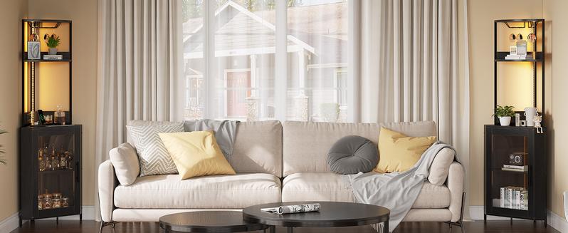 DWVO Corner Wine Cabinet with Power Outlets & LED Lights, Corner Bar Cabinet with Glass Holder, Liquor Bar Rack Cabinet for Living Room, Dining Room, Kitchen, Black