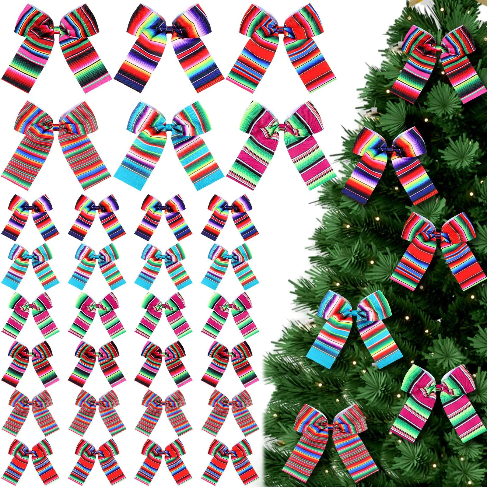 Mexican Bows Ornaments Pre-Tied Barro Serape Flower Style Ribbon Decor for Tree Gift Wrapping Wreath Garland Home Front Door Fiesta Party Decoration
