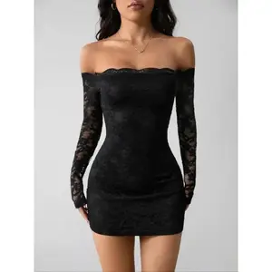 Autumn New Lace One-Shoulder Long Sleeve Slimming Dress for Women, Elegant Casual Wear, Perfect for Outdoor Activities