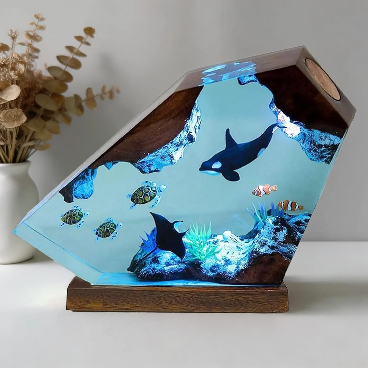 Killer Whale Ocean Resin Lamp Creative Epoxy Resin Wood Night Light - Handmade RGB Lamp Soft Glow Ambient Light, Resin Art Lamp for Home Office Decor, Ocean Gift for Women or Men, Perfect Birthday Holiday Gifts for Mom Dad
