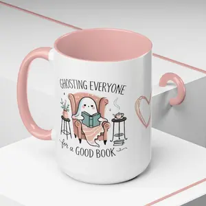Cute Ghosting Book Mug for Readers Coffee Cup, Book Lover Gift Idea Reading Halloween Ghost Tea Mug, Accent Color Cup Book Addict  Girl