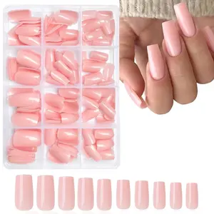 Solid Color Press on Fake Nails with 1 Count Nail File & 1 Count Wooden Stick, 240pcs/box Glossy Long Square False Nails for Women & Girls Nail Art, DIY Manicure Set, Nail Art Tools