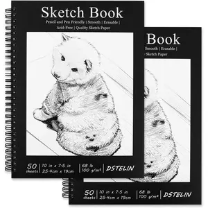 10 x 7.5 Inch Black Sketchbook Set, 2-PC, Spiral Bound, 50 Acid-Free Drawing Sheets Each, Ideal for Beginners to Professionals